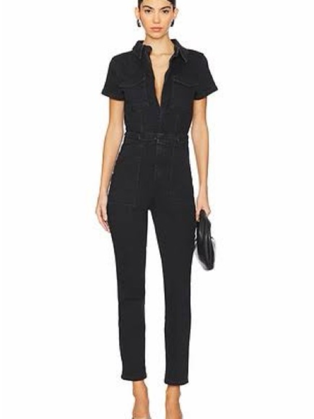 Good American Black Short-Sleeve Denim Jumpsuit Overalls MEDIUM